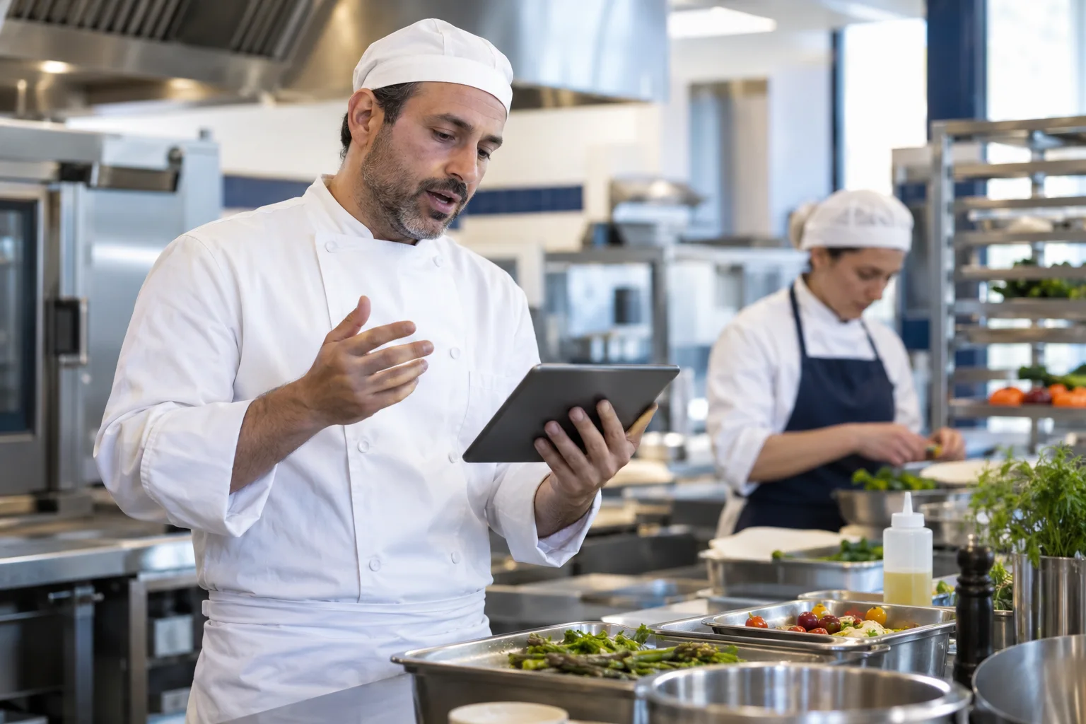 Un chef utilise un assistant sur tablette dans son environnement de travail