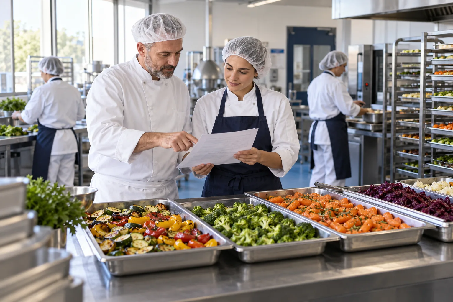 Deux professionnels préparent le planning de fabrication dans une cuisine