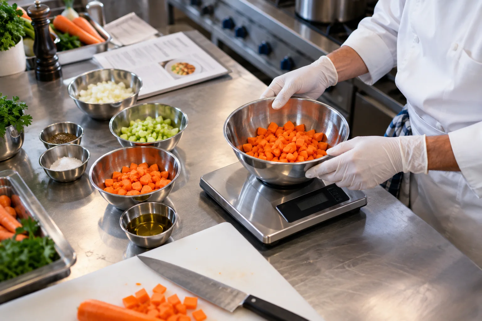 Pesée des ingrédients pour préparer une fiche technique de cuisine